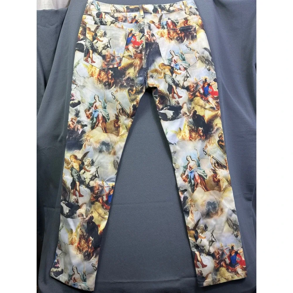 Renaissance Oil Painting Print Slim Fit Pants Angels Cherubs Multi Color 36x30